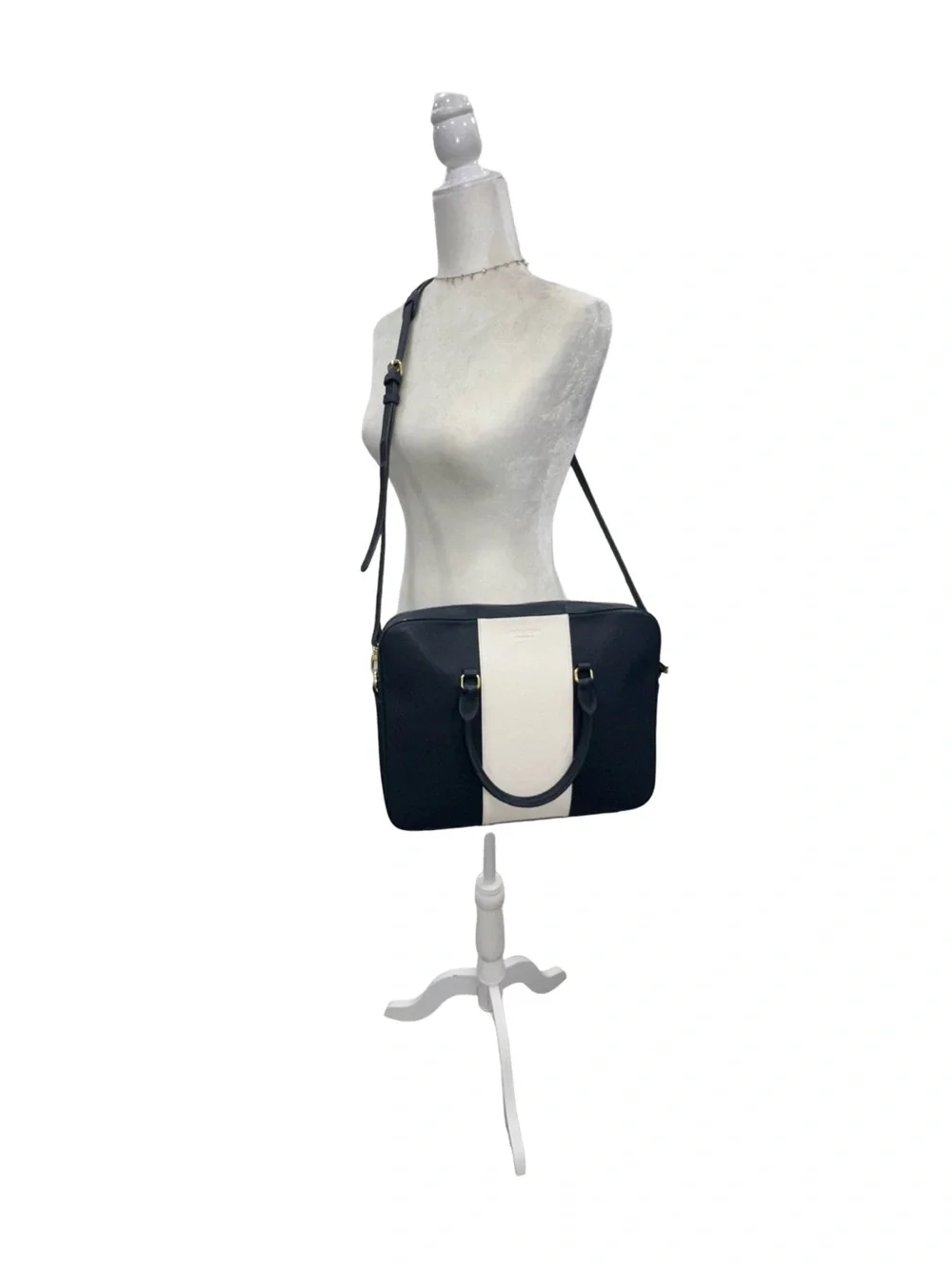 Jacq Leigh London Navy White Leather Satchel Crossbody Bag Gold Hardware Laptop